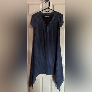 Octavia brand navy blue dress asymmetrical hemline & laceup bust flutter sleeves